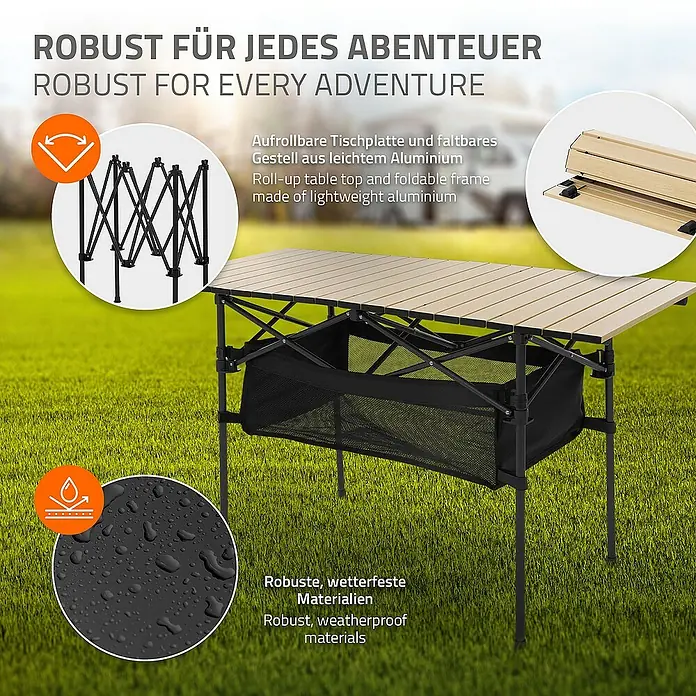 Hauki Campingtisch Klapptisch faltbar aus Aluminium inkl. Tragetasche - L x B x H: 118 x 55 x 64,5 cm, Aluminium, Metall, Beige, Schwarz - Das Bild zeigt einen robusten, wetterfesten Campingtisch mit aufrollbarer Tischplatte und faltbarem Gestell aus leichtem Aluminium.
