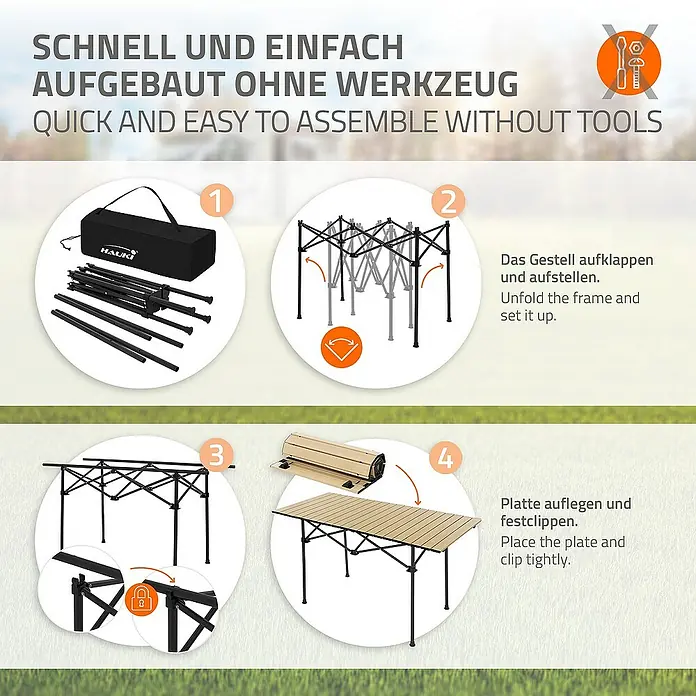 Hauki Campingtisch Klapptisch faltbar aus Aluminium inkl. Tragetasche - L x B x H: 118 x 55 x 64,5 cm, Aluminium, Metall, Beige, Schwarz - Aufbauanleitung für einen Tisch: Auspacken, Gestell aufklappen, Platte auflegen und festclippen. Schnell und einfach ohne Werkzeug aufgebaut.