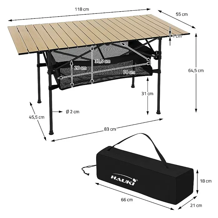Hauki Campingtisch Klapptisch faltbar aus Aluminium inkl. Tragetasche - L x B x H: 118 x 55 x 64,5 cm, Aluminium, Metall, Beige, Schwarz - Abbildung eines zusammenklappbaren Campingtisches von Hauki mit Abmessungen und einer Tragetasche.