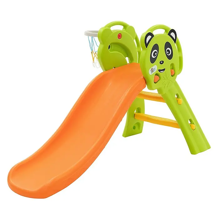 ECD Germany Rutsche Spiel-Rutsch für Kinder ab 3 Jahren Grün-Orange Indoor & Outdoor - B x L: 68 x 114 cm, Kunststoff, Grün, Orange, Gelb - Eine orangefarbene Kinderrutsche mit grünem Panda-Design und Basketballkorb für stundenlangen Spielspaß im Garten.