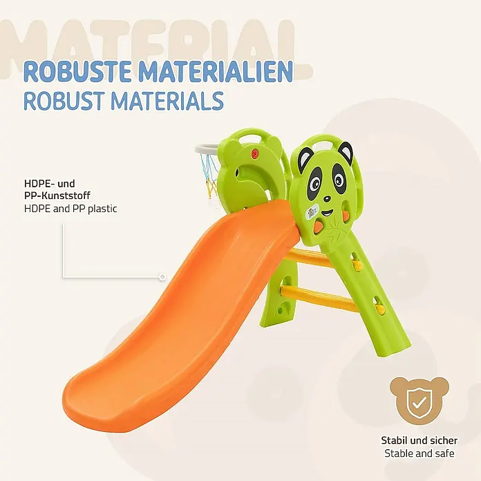 ECD Germany Rutsche Spiel-Rutsch für Kinder ab 3 Jahren Grün-Orange Indoor & Outdoor - B x L: 68 x 114 cm, Kunststoff, Grün, Orange, Gelb - Bild eines orange-grünen Kinderplanschbeckens mit Basketballkorb und Bärenmotiv, hergestellt aus robusten HDPE- und PP-Materialien.