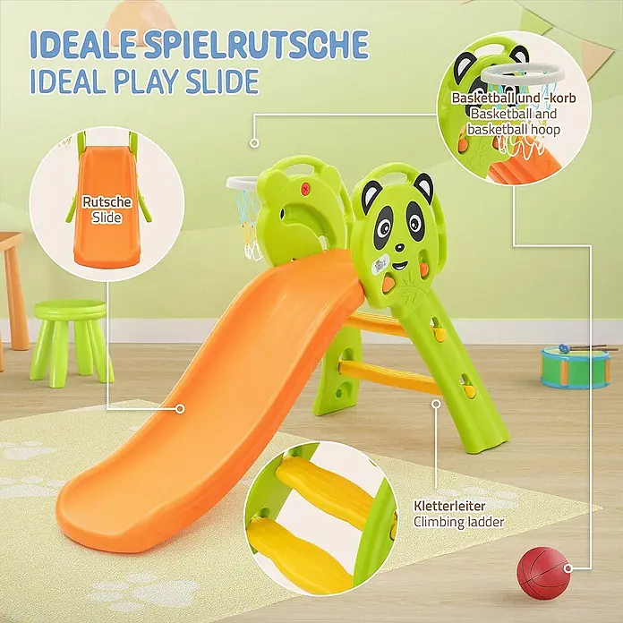 ECD Germany Rutsche Spiel-Rutsch für Kinder ab 3 Jahren Grün-Orange Indoor & Outdoor - B x L: 68 x 114 cm, Kunststoff, Grün, Orange, Gelb - Eine grüne und orangefarbene Kinderrutsche mit Basketballkorb und Kletterleiter für drinnen und draußen.