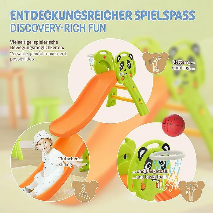 ECD Germany Rutsche Spiel-Rutsch für Kinder ab 3 Jahren Grün-Orange Indoor & Outdoor - B x L: 68 x 114 cm, Kunststoff, Grün, Orange, Gelb - Das Bild zeigt eine farbenfrohe Kinderrutsche mit Kletter- und Basketballfunktion, die vielfältigen Spielspaß im Innenbereich bietet.