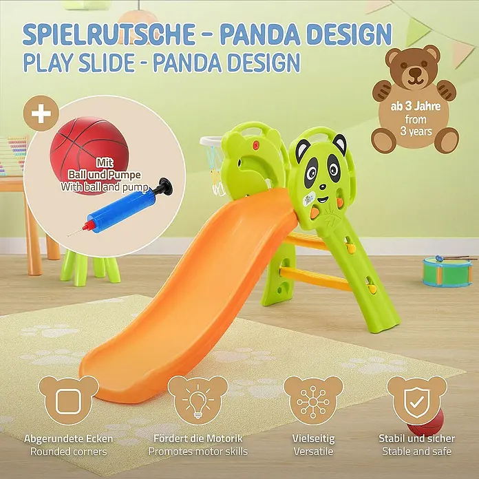 ECD Germany Rutsche Spiel-Rutsch für Kinder ab 3 Jahren Grün-Orange Indoor & Outdoor - B x L: 68 x 114 cm, Kunststoff, Grün, Orange, Gelb - Spielplatzrutsche im Panda-Design mit Ball und Pumpe, geeignet ab 3 Jahren. Sichere, abgerundete Ecken und fördert die Motorik.