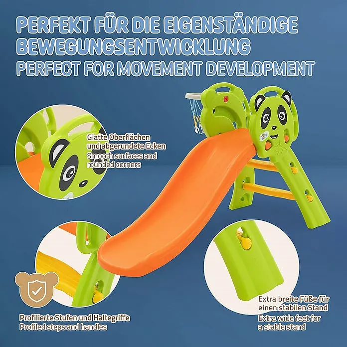 ECD Germany Rutsche Spiel-Rutsch für Kinder ab 3 Jahren Grün-Orange Indoor & Outdoor - B x L: 68 x 114 cm, Kunststoff, Grün, Orange, Gelb - Rutsche für Kinder mit Panda-Design, sichere Oberfläche, stabile Füße und profilierte Stufen für mehr Sicherheit beim Spielen.