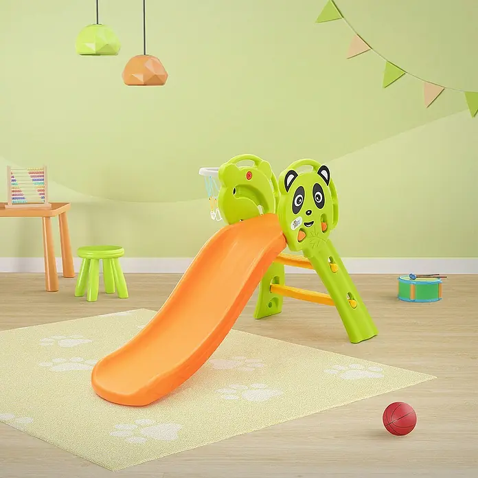 ECD Germany Rutsche Spiel-Rutsch für Kinder ab 3 Jahren Grün-Orange Indoor & Outdoor - B x L: 68 x 114 cm, Kunststoff, Grün, Orange, Gelb - Nahaufnahme einer bunten Kinderrutsche in einem verspielten Kinderzimmer mit sanften Farben und kindgerechten Dekorationen.