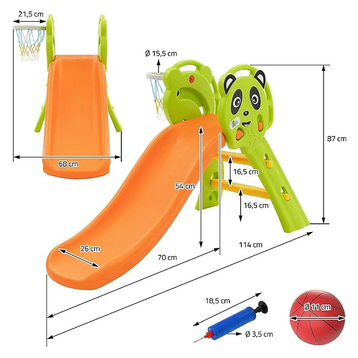 ECD Germany Rutsche Spiel-Rutsch für Kinder ab 3 Jahren Grün-Orange Indoor & Outdoor - B x L: 68 x 114 cm, Kunststoff, Grün, Orange, Gelb - Abbildung der Kinderrutsche mit Korb und Ball, zusammen mit den Abmessungen des Produkts.