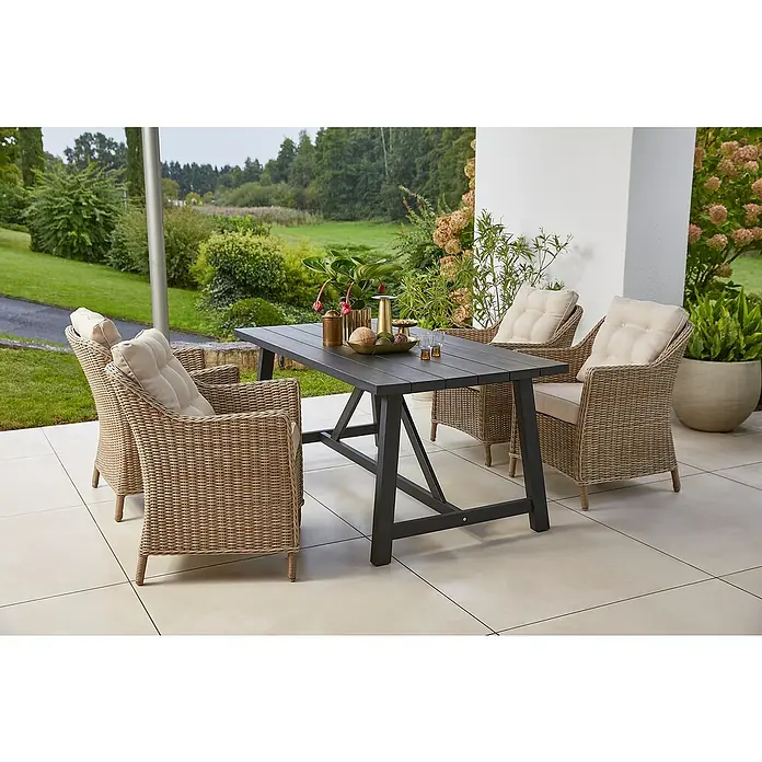 Sunfun Pauline Gartensessel - Polyrattan, Aluminium, Hellbraun, B x T x H: 63 x 70 x 84 cm - Einladender Essbereich im Freien mit einem robusten Esstisch und bequemen Korbsesseln, ideal für Mahlzeiten im Garten.