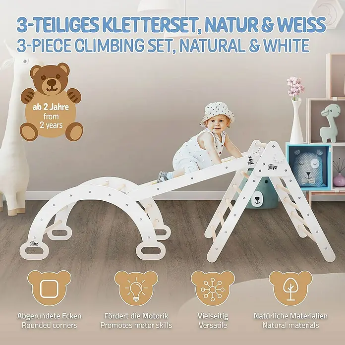 ECD Germany Kinderspielturm Kletterdreieck + Rutsche trainiert Gleichgewicht & Balance ab 2 Jahren - L x B x H: 188 x 72 x 70 cm, Braun - 3-teiliges Kletterset aus Naturholz und Weiß, ideal für Kinder ab 2 Jahren. Fördert Motorik und Vielseitigkeit mit abgerundeten Ecken.