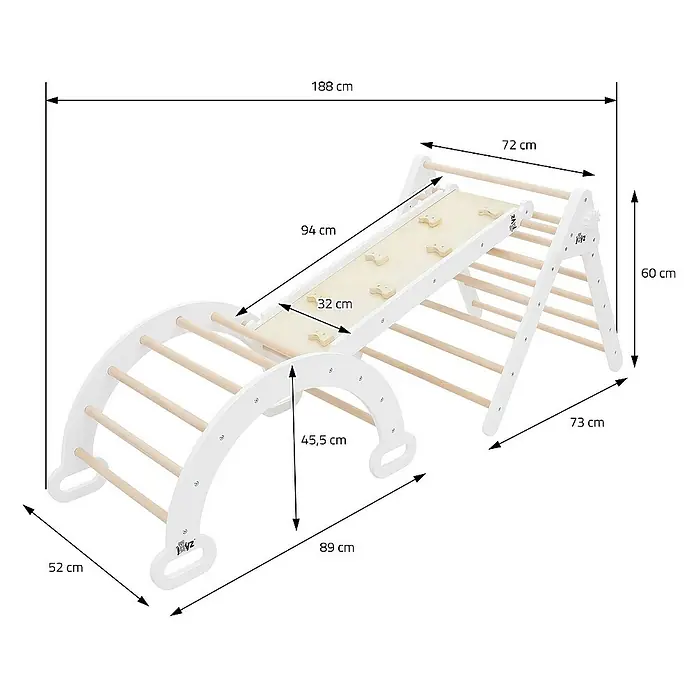 ECD Germany Kinderspielturm Kletterdreieck + Rutsche trainiert Gleichgewicht & Balance ab 2 Jahren - L x B x H: 188 x 72 x 70 cm, Braun - Abbildung eines weißen Indoor-Klettergerüsts für Kinder mit verschiedenen Abmessungen, geeignet für aktive und sichere Spielumgebungen.