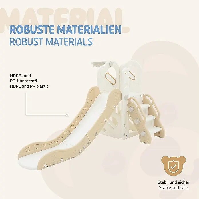 ECD Germany Rutsche Spielgerüst für Kinder ab 3 Jahren, Weiß-Beige, Indoor&Outdoor Rutsche - B x L: 91 x 153 cm, Kunststoff, Weiß, Beige, Grau - Das Bild zeigt eine Kinder-Rutsche aus robustem HDPE- und PP-Kunststoff, die Stabilität und Sicherheit für Kinder beim Spielen bietet.