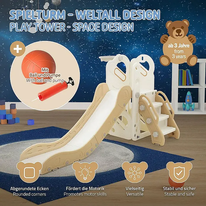 ECD Germany Rutsche Spielgerüst für Kinder ab 3 Jahren, Weiß-Beige, Indoor&Outdoor Rutsche - B x L: 91 x 153 cm, Kunststoff, Weiß, Beige, Grau - Spielturm im Weltall-Design mit Rutsche, Klettergerüst und Ball. Inklusive Ball und Pumpe für sofortigen Spielspaß.