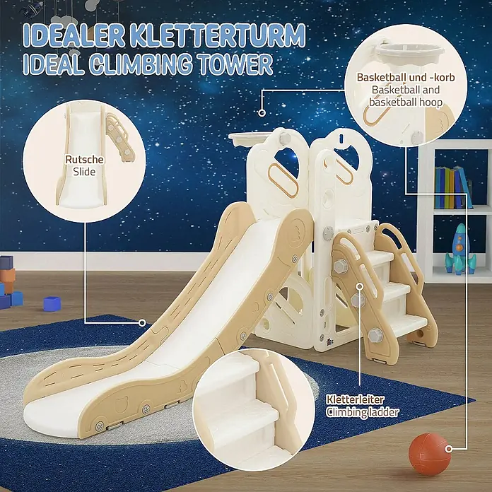 ECD Germany Rutsche Spielgerüst für Kinder ab 3 Jahren, Weiß-Beige, Indoor&Outdoor Rutsche - B x L: 91 x 153 cm, Kunststoff, Weiß, Beige, Grau - Ein Indoor-Kletterturm mit Rutsche, Kletterleiter und Basketballkorb bietet Kindern altersgerechte Aktivität.