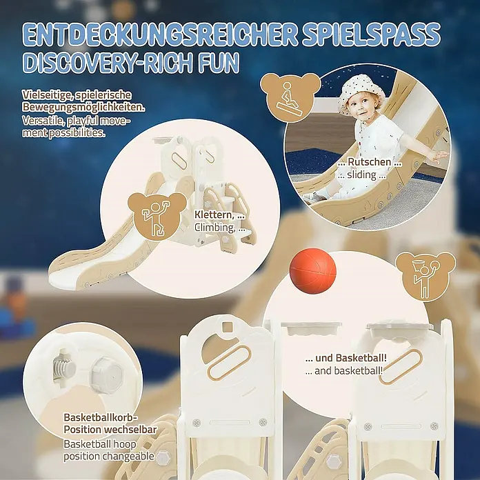 ECD Germany Rutsche Spielgerüst für Kinder ab 3 Jahren, Weiß-Beige, Indoor&Outdoor Rutsche - B x L: 91 x 153 cm, Kunststoff, Weiß, Beige, Grau - Entdecken Sie den vielseitigen Spielspaß mit Kletter-, Rutsch- und Basketball-Optionen.