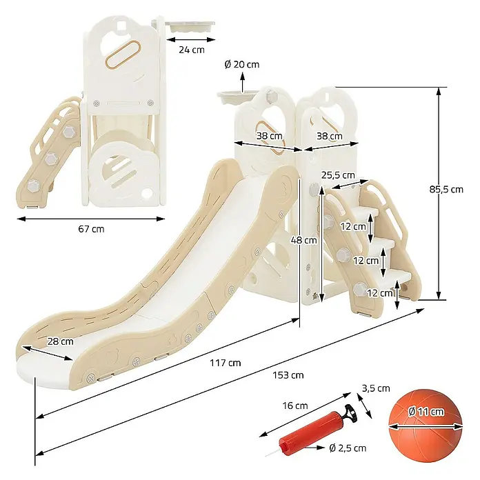 ECD Germany Rutsche Spielgerüst für Kinder ab 3 Jahren, Weiß-Beige, Indoor&Outdoor Rutsche - B x L: 91 x 153 cm, Kunststoff, Weiß, Beige, Grau - Detailansicht der Abmessungen einer beigen Kinderrutsche mit Basketballkorb, inklusive Ball und Pumpe. Perfekt für den Garten oder das Kinderzimmer.