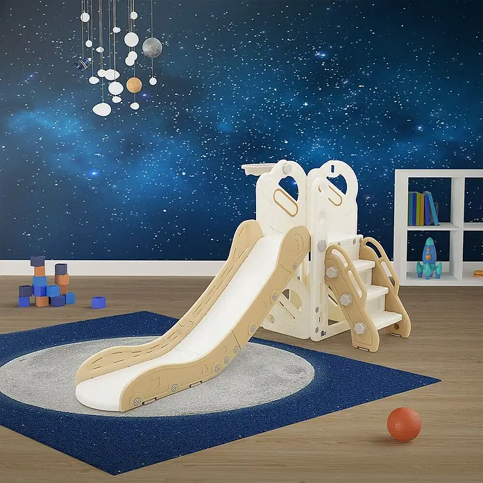 ECD Germany Rutsche Spielgerüst für Kinder ab 3 Jahren, Weiß-Beige, Indoor&Outdoor Rutsche - B x L: 91 x 153 cm, Kunststoff, Weiß, Beige, Grau - Ein Indoor-Spielplatz mit Rutsche und Klettergerüst vor einer Galaxie-Tapete. Der Fokus liegt auf dem Kinderzimmer-Spielzeug.