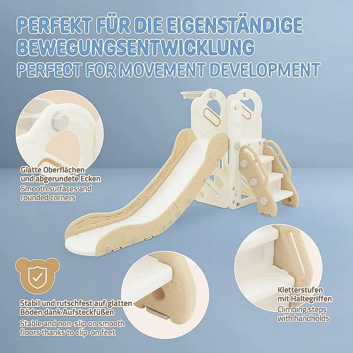 ECD Germany Rutsche Spielgerüst für Kinder ab 3 Jahren, Weiß-Beige, Indoor&Outdoor Rutsche - B x L: 91 x 153 cm, Kunststoff, Weiß, Beige, Grau - Bild eines beigen Spielplatz-Rutschensets mit Kletterstufen und abgerundeten Ecken für sanfte Bewegung.