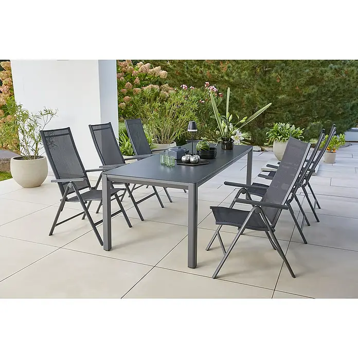 Sunfun Gartenmöbel-Set Maja Slim - 7 -tlg., Aluminium, Textilen, Anthrazit, Night-Grey - Stilvolles Outdoor-Essbereich-Set mit grauem Tisch und sechs passenden Stühlen. Perfekt für Mahlzeiten im Freien.