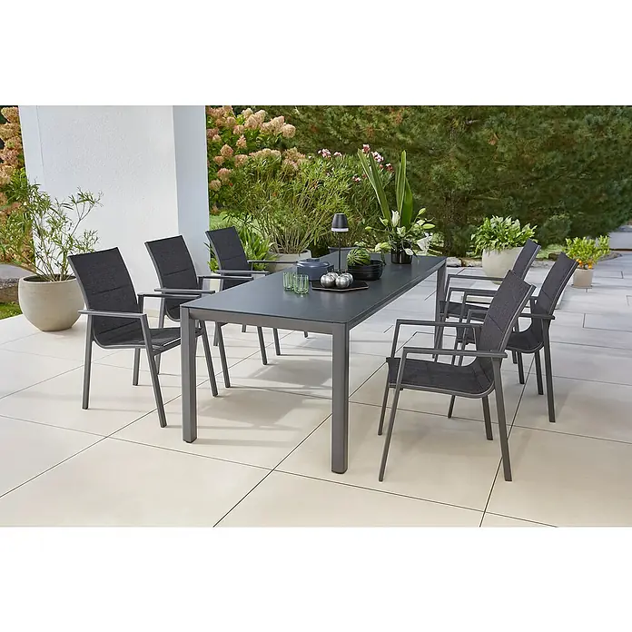 Sunfun Maja Gartenmöbel-Set - 7 -tlg., Aluminium, Textilen, Grau, Night-Grey - Elegantes graues Gartentisch-Set mit sechs Stühlen auf einer sonnigen Terrasse, ideal für Mahlzeiten im Freien und entspannte Stunden im Garten.