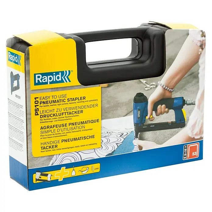 Rapid Drucklufttacker AirTac PS 101 - Klammertiefe: 6 mm - 16 mm, Geeignet für: Feindrahtklammer Typ 53, Pneumatisch - Das Rapid PS101 Drucklufttacker-Set für Textilien, Leder und Polsterarbeiten. Inklusive Klammern für vielseitige Anwendungen im Haushalt.