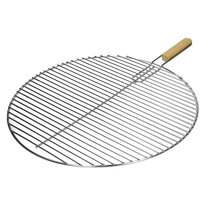 ECD Germany Grillrost Grillplatte 54,5 cm Rund mit Handgriffen witterungsbeständig - L x B: 54,5 x 54,5 cm, Edelstahl, Holz - Abgebildet ist ein runder Grillrost aus Edelstahl mit Holzgriff, ideal für das Grillen im Freien.