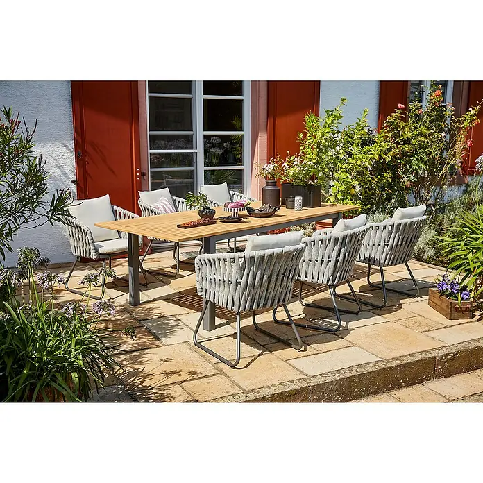 Sunfun Gartenmöbel-Set Carina/Maja - 7 -tlg., Seilgeflecht, Akazie, Stahl, Grau-Beige/Hellbraun - Einladender Essbereich im Freien mit einem eleganten Holztisch und sechs modernen, geflochtenen Stühlen auf einer sonnigen Terrasse.
