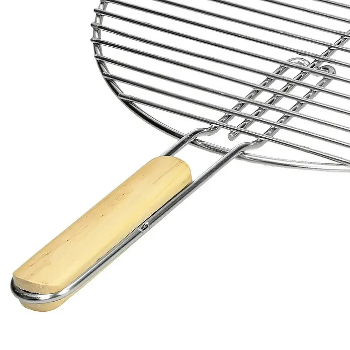 ECD Germany Grillrost Grillplatte 54,5 cm Rund mit Handgriffen witterungsbeständig - L x B: 54,5 x 54,5 cm, Edelstahl, Holz - Nahaufnahme eines runden Grillrosts aus Metall mit Holzgriff, ideal für Grillpartys im Freien.