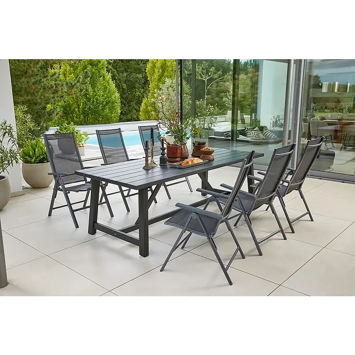 Sunfun Gartenmöbel-Set Melina/Maja Slim - 7 -tlg., Akazie, Aluminium, Textilen, Schwarz/Anthrazit - Ein stilvolles Gartenset mit einem Esstisch und passenden Stühlen im Freien. Ideal für Mahlzeiten im Garten oder auf der Terrasse.