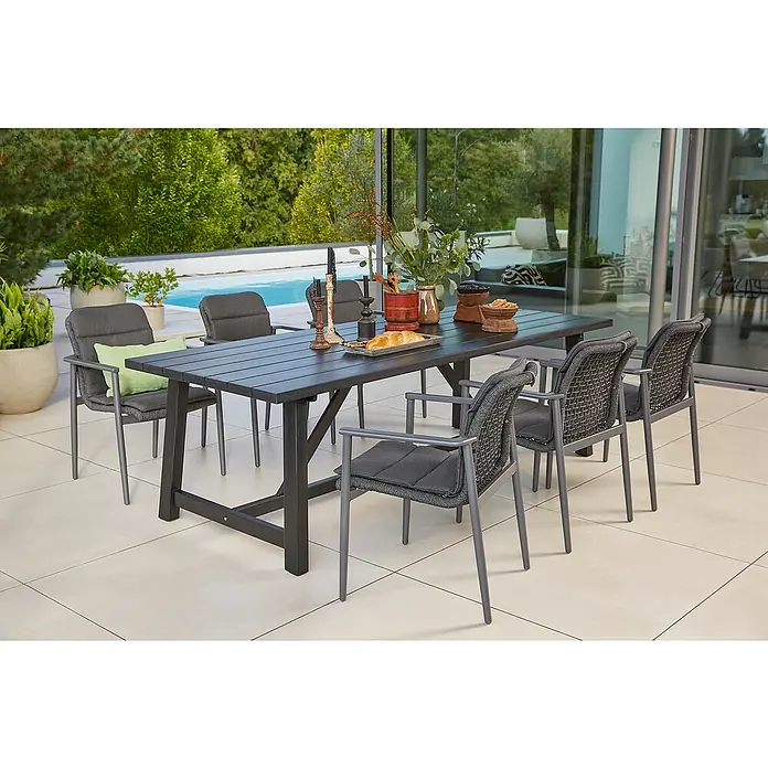 Sunfun Gartenmöbel-Set Melina/Solo Rope - 7 -tlg., Akazie, Aluminium, Olefin, Schwarz/Night-Grey - Elegantes Outdoor-Esstischset mit anthrazitfarbenem Tisch und sechs Stühlen. Perfekt für stilvolle Mahlzeiten im Freien.