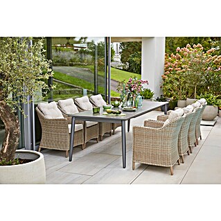 Sunfun Gartenmöbel-Set Solo/Pauline III (9 -tlg., Aluminium, Sintered Stone, Polyrattan, Akazie, Beige/Night-Grey, Tischplatte ausziehbar)
