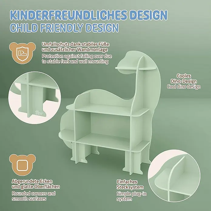 ECD Germany Holzregal Dino Bücherregal mit 3 Ebenen MDF -  - Kindgerechtes Dino-Regal mit abgerundeten Ecken, einfacher Montage und Kippschutz für mehr Sicherheit im Kinderzimmer.