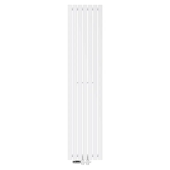 ECD Germany Badheizkörper Paneelheizkörper Handtuchwärmer mit Durchgangsform Thermostatventil - B x H: 37 x 160 cm, Weiß - Nahaufnahme eines weißen Heizkörpers mit vertikalen Paneelen und einem Thermostat.