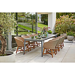 Sunfun Gartenmöbel-Set Solo/Pauline II (9 -tlg., Aluminium, Sintered Stone, Polyrattan, Akazie, Hellbraun/Beige/Night-Grey, Tischplatte ausziehbar)