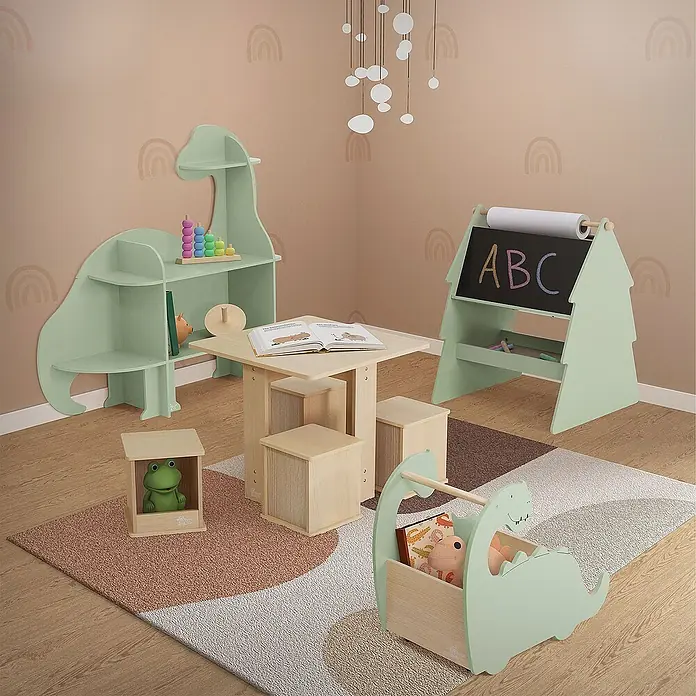 ECD Germany Holzregal Dino Bücherregal mit 3 Ebenen MDF -  - Kinderzimmer-Set mit Dino-Regal, Tisch mit Hockern, Tafel und Spielzeugkiste. Perfekt für spielerisches Lernen und kreatives Spielen.