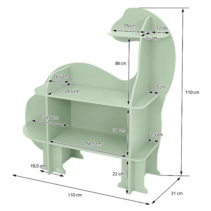 ECD Germany Holzregal Dino Bücherregal mit 3 Ebenen MDF -  - Dino-förmiges Bücherregal mit Maßen. Das Regal ist hellgrün und bietet viel Stauraum.