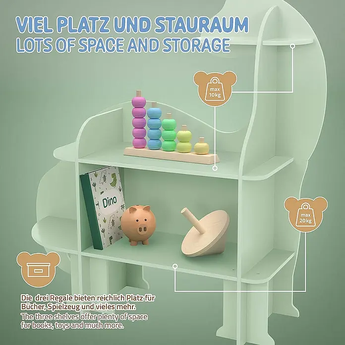 ECD Germany Holzregal Dino Bücherregal mit 3 Ebenen MDF -  - Dieses Foto zeigt ein Dinosaurier-förmiges Bücherregal mit drei Fächern und einer Gewichtsangabe von maximal 20 kg.