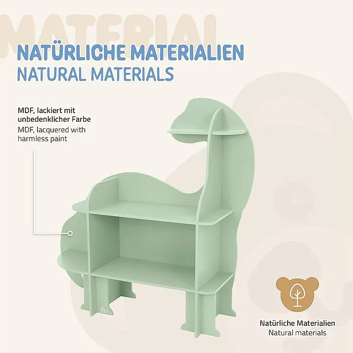 ECD Germany Holzregal Dino Bücherregal mit 3 Ebenen MDF -  - Ein grünes Kinderregal in Form eines Dinosauriers. Hergestellt aus MDF und lackiert mit unbedenklicher Farbe.
