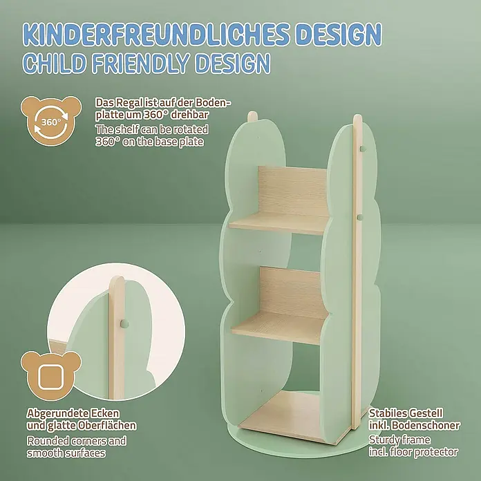 ECD Germany Holzregal Baum Bücherregal mit 5 Ablagen, 360° drehbar, MDF -  - Das Bild zeigt ein kinderfreundliches, drehbares Regal mit abgerundeten Ecken und glatten Oberflächen. Es verfügt über einen stabilen Rahmen.