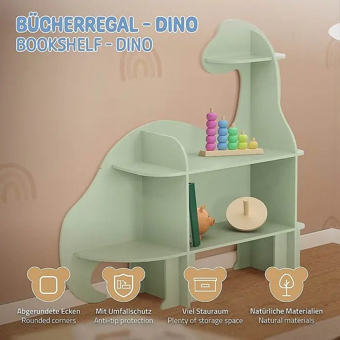 ECD Germany Holzregal Dino Bücherregal mit 3 Ebenen MDF -  - Dino-Bücherregal aus Holz mit abgerundeten Ecken, Kippschutz und viel Stauraum für Kinderzimmer.