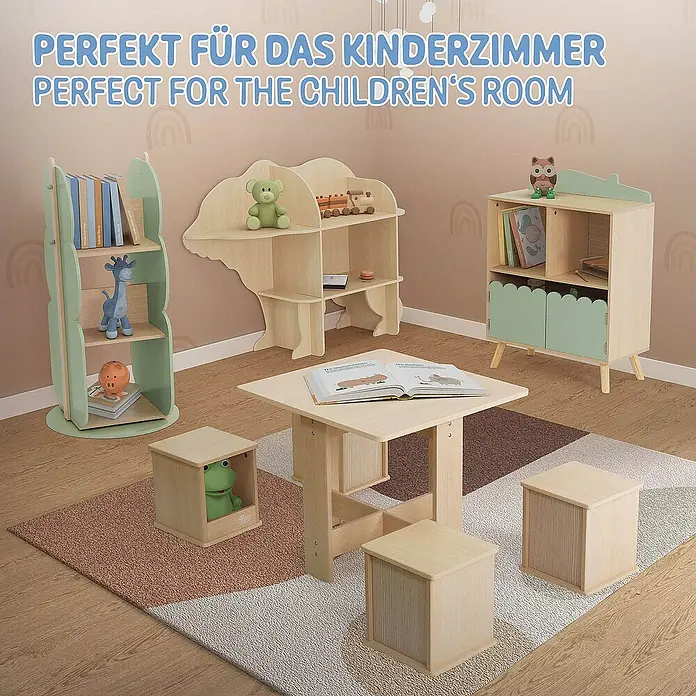 ECD Germany Holzregal Baum Bücherregal mit 5 Ablagen, 360° drehbar, MDF -  - Das Kinderzimmer-Set mit Tisch, Stühlen und Regalen bietet eine farbenfrohe und spielerische Lernumgebung.