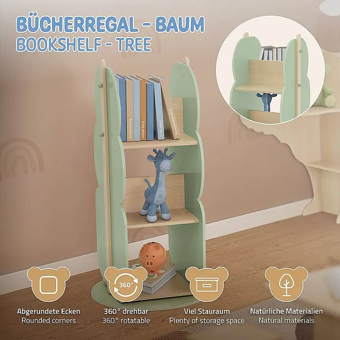 ECD Germany Holzregal Baum Bücherregal mit 5 Ablagen, 360° drehbar, MDF -  - Baum-Bücherregal mit abgerundeten Ecken, drehbarer Basis, viel Stauraum und aus natürlichen Materialien gefertigt.