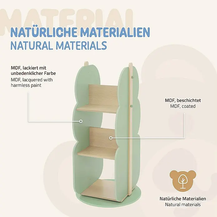ECD Germany Holzregal Baum Bücherregal mit 5 Ablagen, 360° drehbar, MDF -  - Abbildung eines dreistöckigen, drehbaren Kinderregals in zarten Farben mit Informationen zu den verwendeten Materialien.