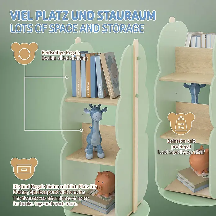 ECD Germany Holzregal Baum Bücherregal mit 5 Ablagen, 360° drehbar, MDF -  - Kinderbücherregal in Baumform mit viel Platz und Stauraum für Bücher und Spielzeug.