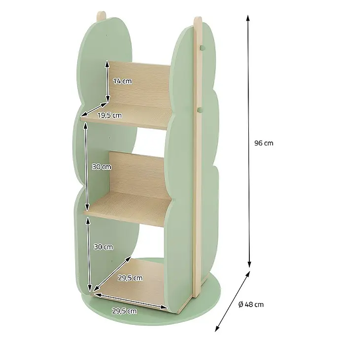 ECD Germany Holzregal Baum Bücherregal mit 5 Ablagen, 360° drehbar, MDF -  - Eine drehbare Kindereinrichtung mit drei Regalen in Grün und Beige, ideal zum Aufbewahren von Spielzeug und Büchern.