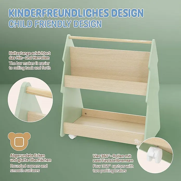 ECD Germany Holzregal Tanne Bücherregal mit 3 Ablagen & 4 Rollen MDF / Kiefer -  - Das kinderfreundliche Bücherregal-Design verfügt über abgerundete Ecken und 360°-Rollen mit Feststellbremsen für Komfort und Sicherheit.