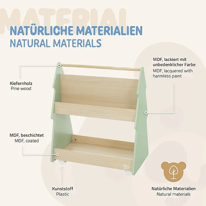 ECD Germany Holzregal Tanne Bücherregal mit 3 Ablagen & 4 Rollen MDF / Kiefer -  - Das Bild zeigt ein Kinderbücherregal aus natürlichen Materialien wie Kiefernholz und MDF, lackiert mit unbedenklicher Farbe.