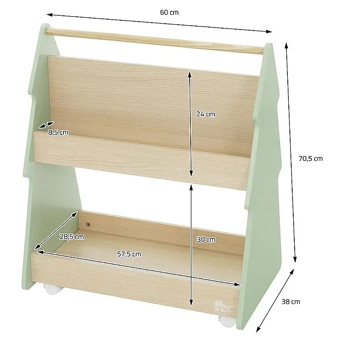 ECD Germany Holzregal Tanne Bücherregal mit 3 Ablagen & 4 Rollen MDF / Kiefer -  - Abbildung eines Kinderbücherregals mit zwei Ablagen und den Maßangaben für Höhe, Breite und Tiefe.