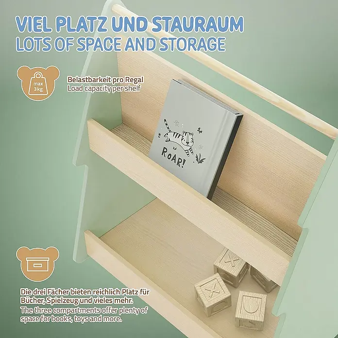 ECD Germany Holzregal Tanne Bücherregal mit 3 Ablagen & 4 Rollen MDF / Kiefer -  - Nahaufnahme eines mintgrünen Kinderregals mit drei Fächern und einem Buch mit Tigerbild und Holzspielzeug.