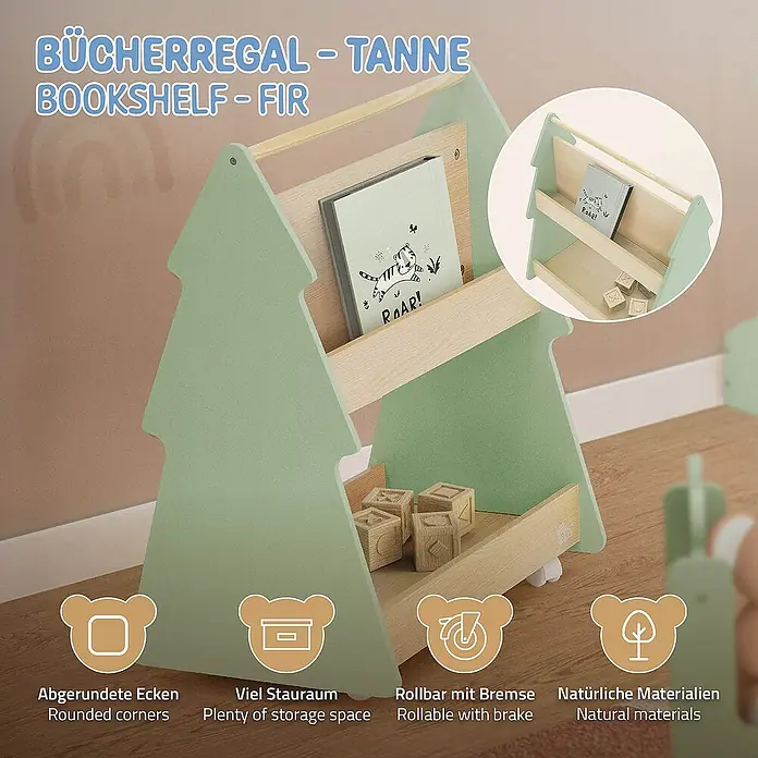 ECD Germany Holzregal Tanne Bücherregal mit 3 Ablagen & 4 Rollen MDF / Kiefer -  - Bücherregal in Tannenform aus natürlichen Materialien, rollbar mit Bremse und abgerundeten Ecken bietet viel Stauraum für Kinderbücher.