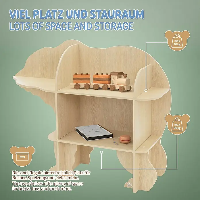ECD Germany Holzregal Bär Bücherregal mit 2 Ebenen MDF -  - Bärenförmiges Bücherregal mit zwei Ablagen für Kinderbücher und Spielzeug. Viel Stauraum im Kinderzimmer.